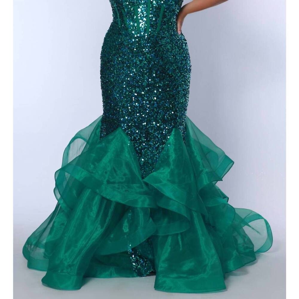 NEW SYDNEY'S CLOSET sequined v-neck formal dress in peacock